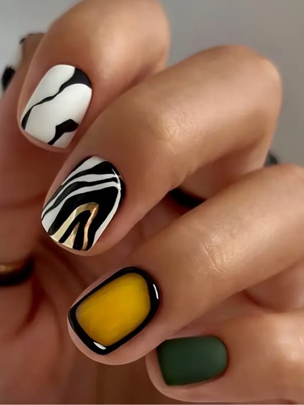 Zebra Print & Color-Block Nail Art — Black, White, Gold, Yellow, Green